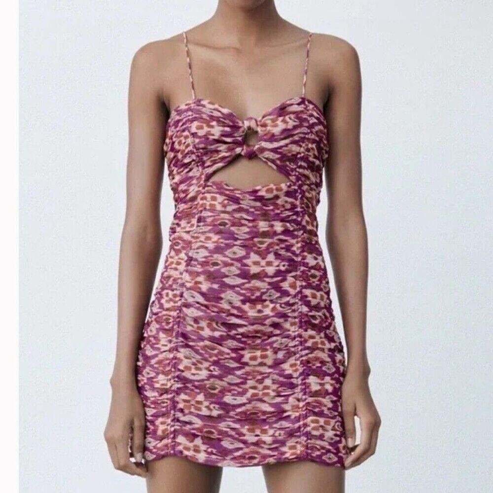 Zara Dress Size M Purple Gold Draped Floral Cut‎ Out Front Mini Spaghetti Straps
